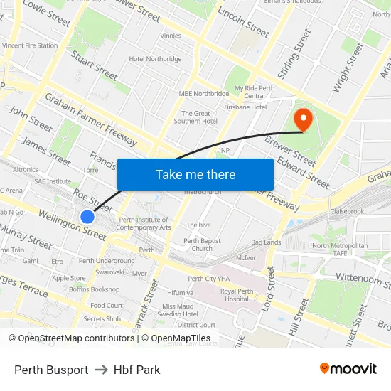Perth Busport to Hbf Park map