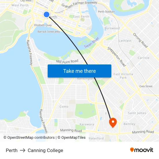 Perth to Canning College map