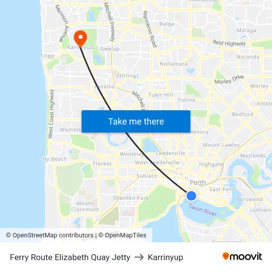Ferry Route Elizabeth Quay Jetty to Karrinyup map