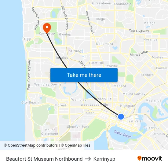 Beaufort St Museum Northbound to Karrinyup map