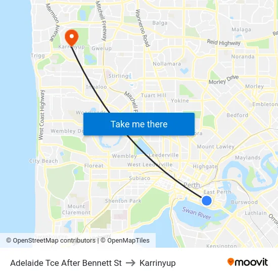 Adelaide Tce After Bennett St to Karrinyup map
