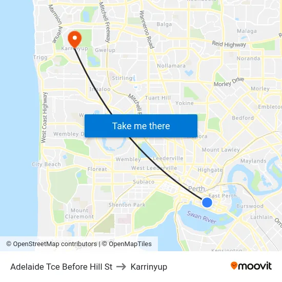 Adelaide Tce Before Hill St to Karrinyup map