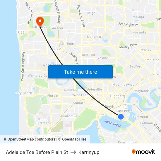 Adelaide Tce Before Plain St to Karrinyup map
