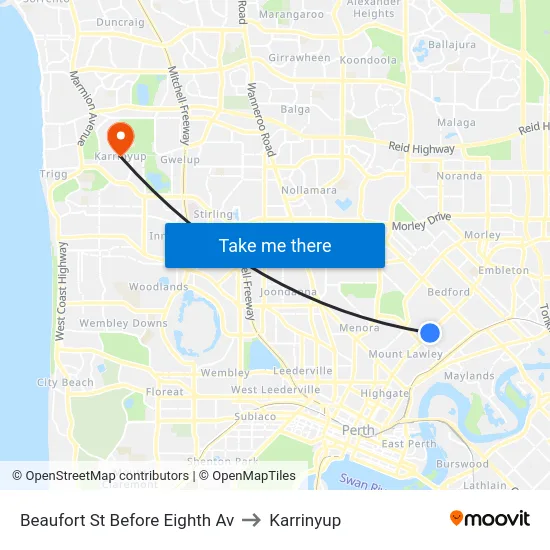 Beaufort St Before Eighth Av to Karrinyup map