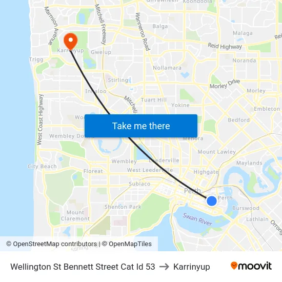 Wellington St Bennett Street Cat Id 53 to Karrinyup map
