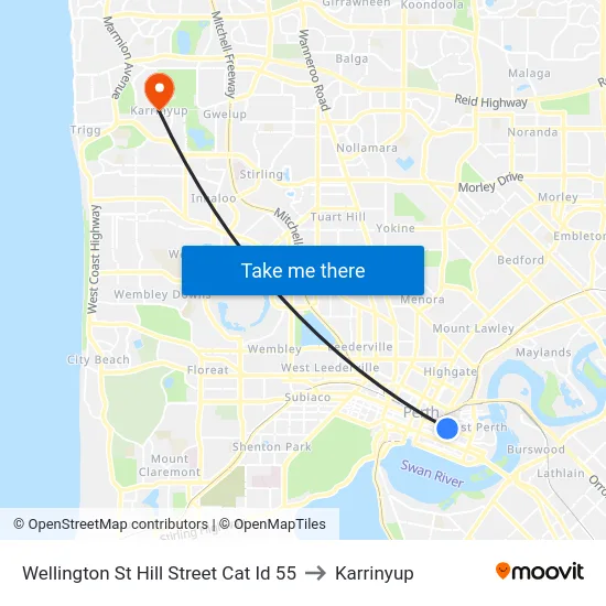 Wellington St Hill Street Cat Id 55 to Karrinyup map