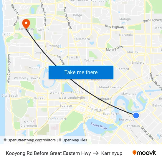 Kooyong Rd Before Great Eastern Hwy to Karrinyup map