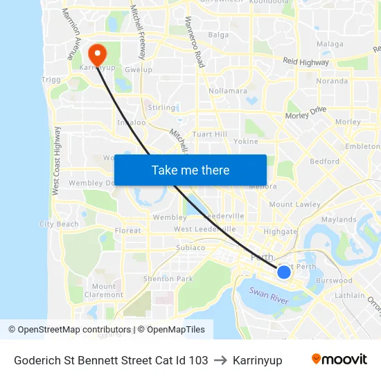Goderich St Bennett Street Cat Id 103 to Karrinyup map