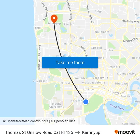 Thomas St Onslow Road Cat Id 135 to Karrinyup map