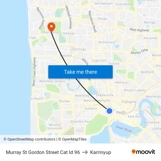Murray St Gordon Street Cat Id 96 to Karrinyup map
