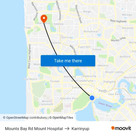 Mounts Bay Rd Mount Hospital to Karrinyup map