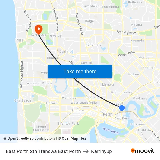 East Perth Stn Transwa East Perth to Karrinyup map
