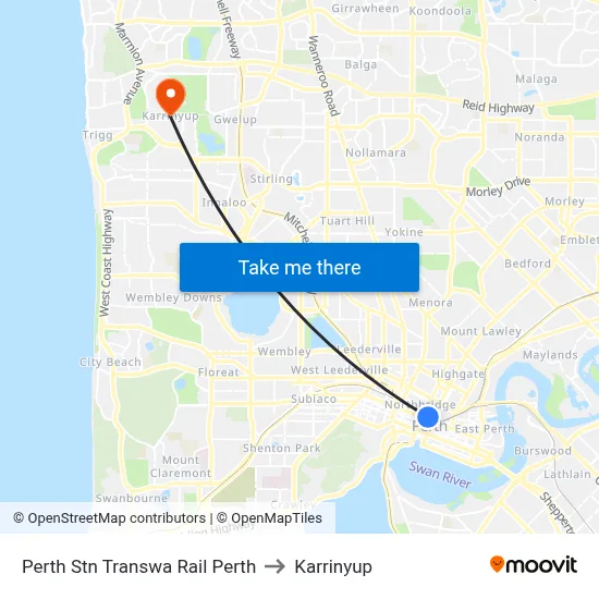 Perth Stn Transwa Rail Perth to Karrinyup map
