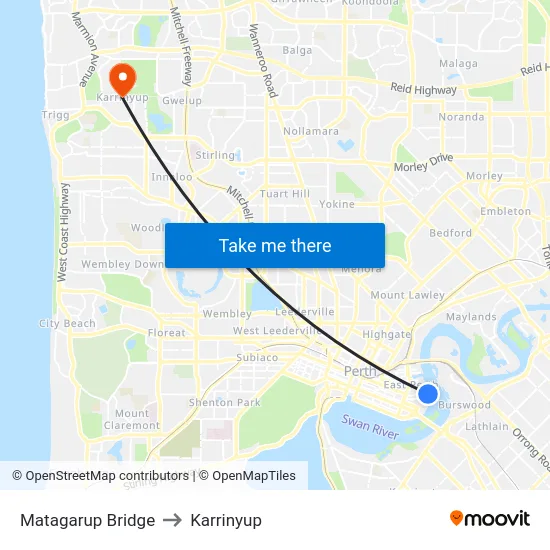 Matagarup Bridge to Karrinyup map