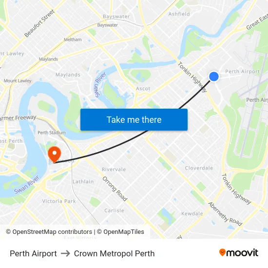 Perth Airport to Crown Metropol Perth map