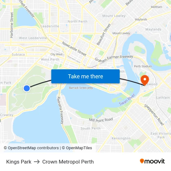 Kings Park to Crown Metropol Perth map