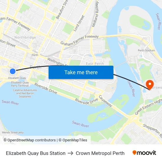 Elizabeth Quay Bus Station to Crown Metropol Perth map