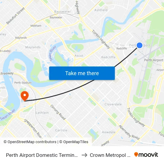 Perth Airport Domestic Terminal T3 T4 to Crown Metropol Perth map