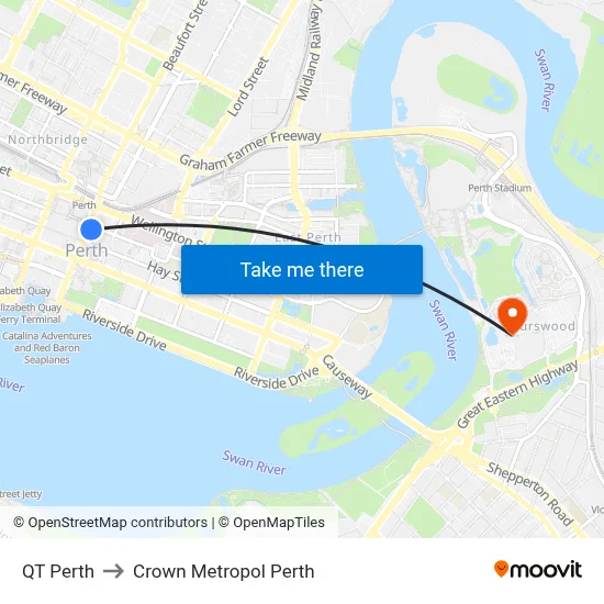 QT Perth to Crown Metropol Perth map