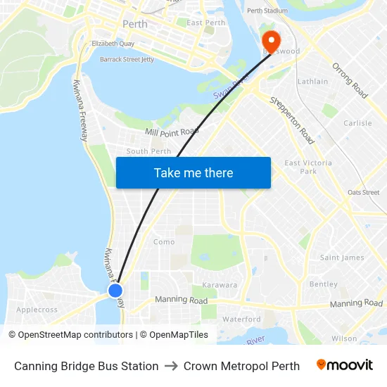 Canning Bridge Bus Station to Crown Metropol Perth map