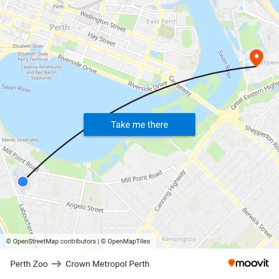 Perth Zoo to Crown Metropol Perth map