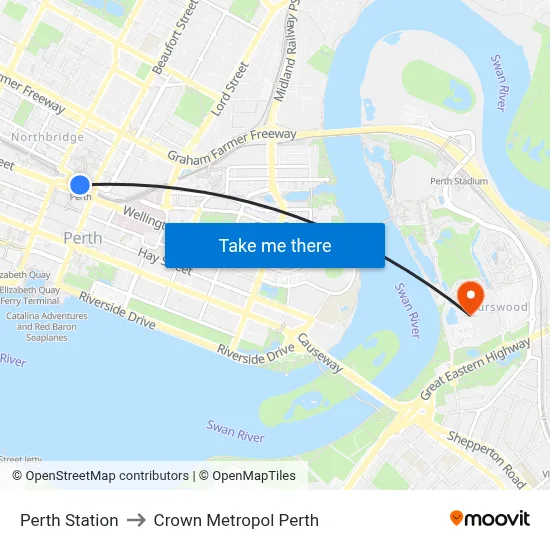 Perth Station to Crown Metropol Perth map