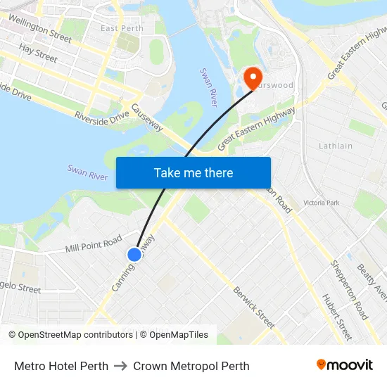 Metro Hotel Perth to Crown Metropol Perth map