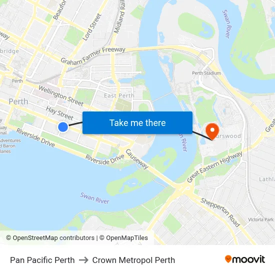 Pan Pacific Perth to Crown Metropol Perth map