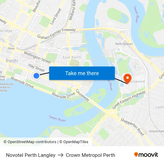 Novotel Perth Langley to Crown Metropol Perth map