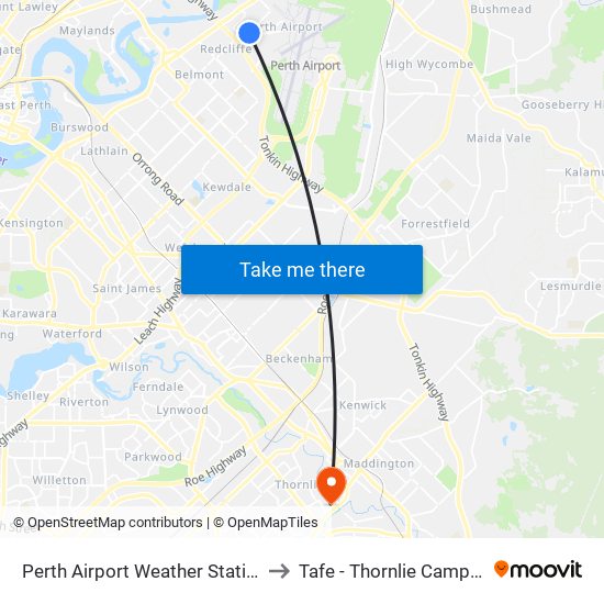Perth Airport Weather Station to Tafe - Thornlie Campus map