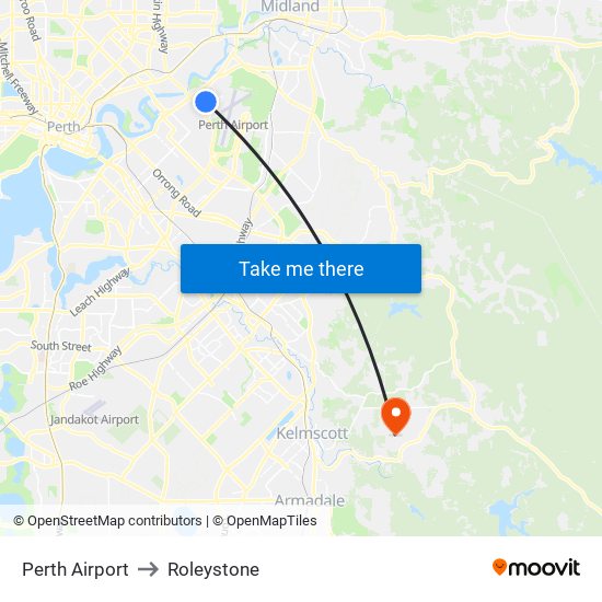 Perth Airport to Roleystone map