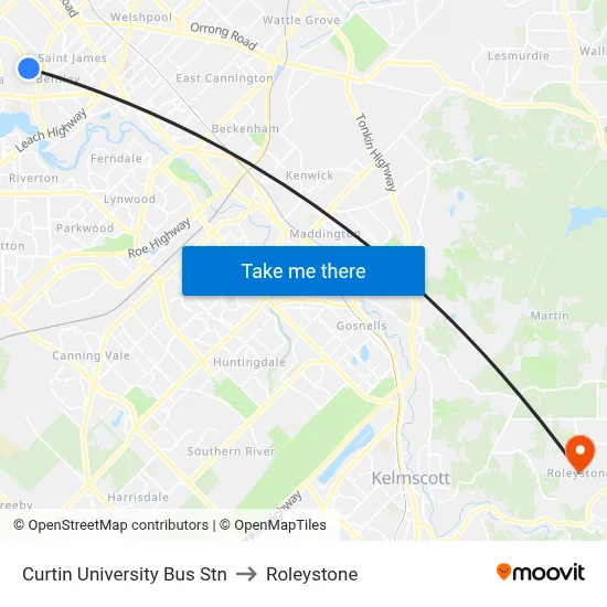 Curtin University Bus Stn to Roleystone map