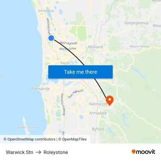 Warwick Stn to Roleystone map