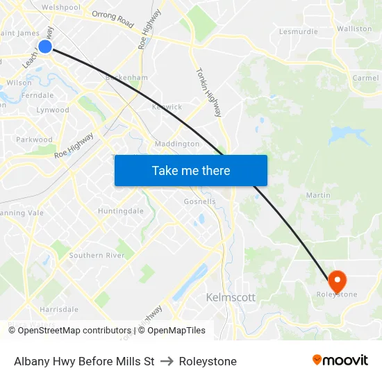 Albany Hwy Before Mills St to Roleystone map