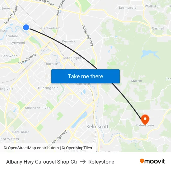 Albany Hwy Carousel Shop Ctr to Roleystone map