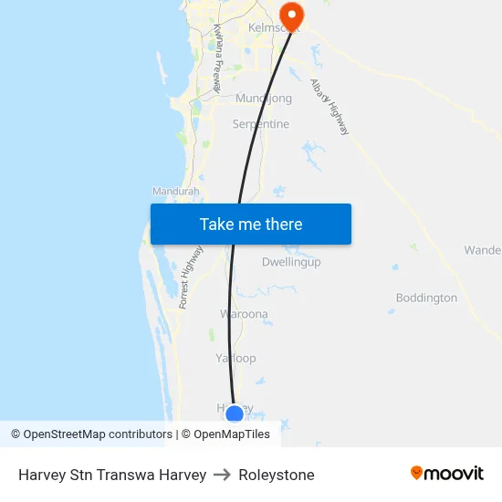 Harvey Stn Transwa Harvey to Roleystone map