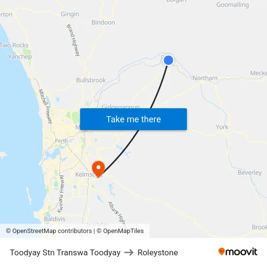 Toodyay Stn Transwa Toodyay to Roleystone map