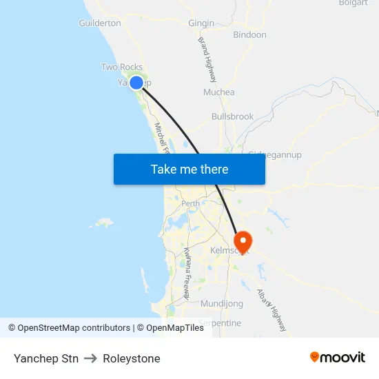 Yanchep Stn to Roleystone map