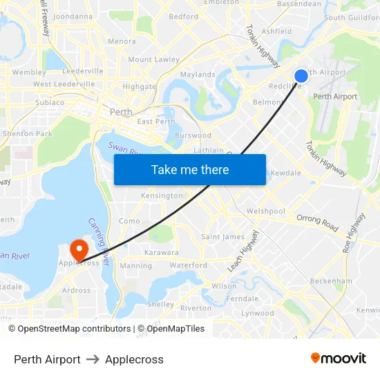 Perth Airport to Applecross map