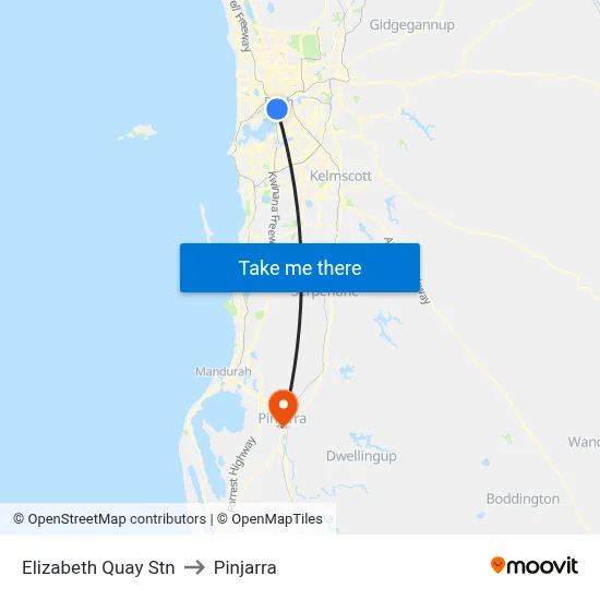 Elizabeth Quay Stn to Pinjarra map