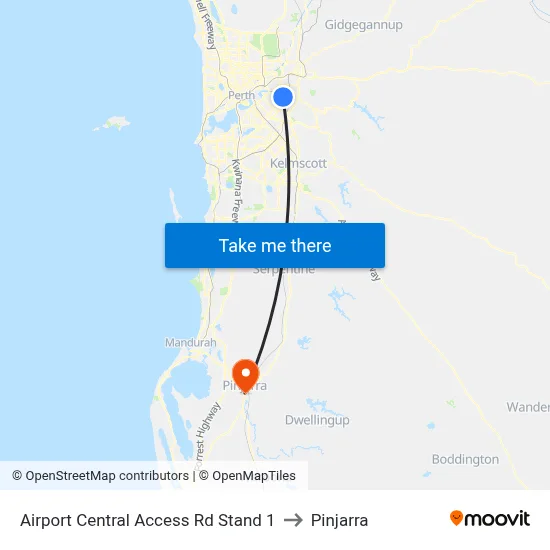 Airport Central Access Rd Stand 1 to Pinjarra map