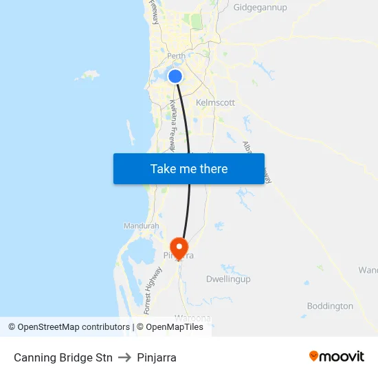 Canning Bridge Stn to Pinjarra map