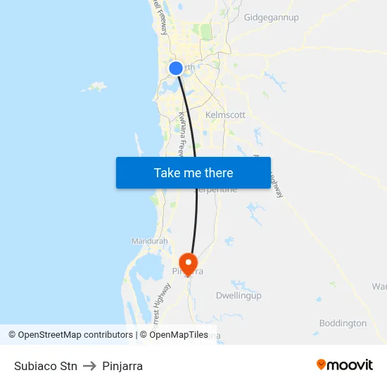 Subiaco Stn to Pinjarra map