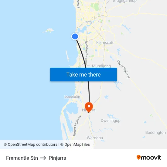 Fremantle Stn to Pinjarra map