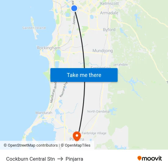 Cockburn Central Stn to Pinjarra map