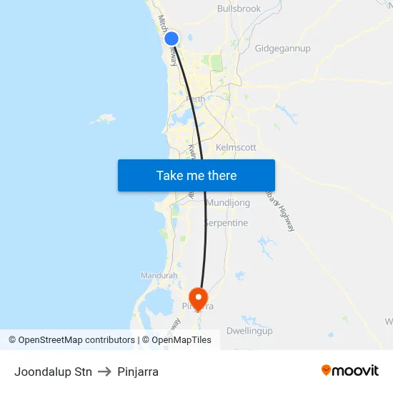 Joondalup Stn to Pinjarra map