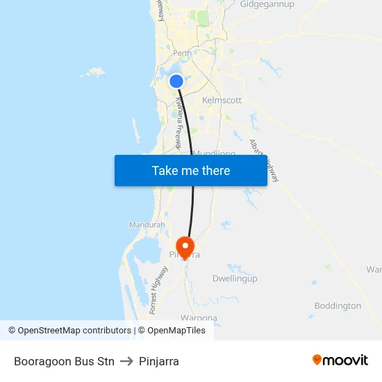 Booragoon Bus Stn to Pinjarra map