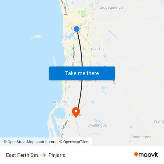 East Perth Stn to Pinjarra map
