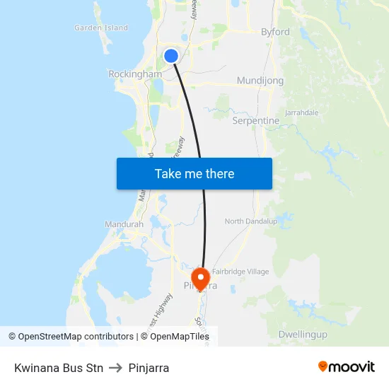 Kwinana Bus Stn to Pinjarra map