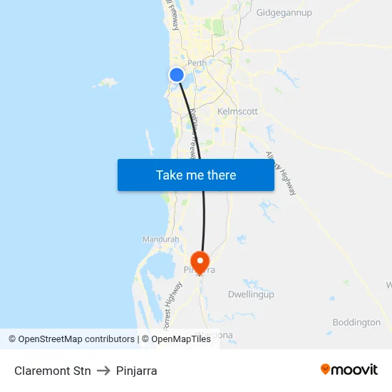 Claremont Stn to Pinjarra map